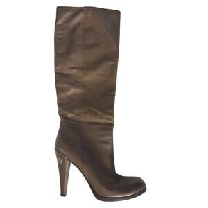 Gucci Knee High Leather Boots Size: 40C/10 Olive Brown 4.5" Hill With Dust Bags